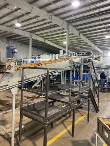 Industrial food processing conveyor system transporting products in a warehouse setting.